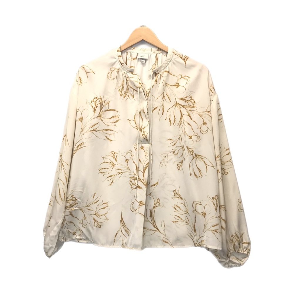 A New Day Blouse Cream & Gold Floral Long Sleeve Pleated Tie Neckline Size L Top